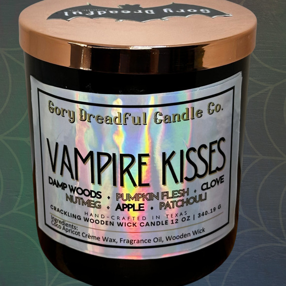 Vampire Kisses Crackling Wooden Wick Candle: Damp Woods Pumpkin Patchouli Scent - Picture 1 of 10